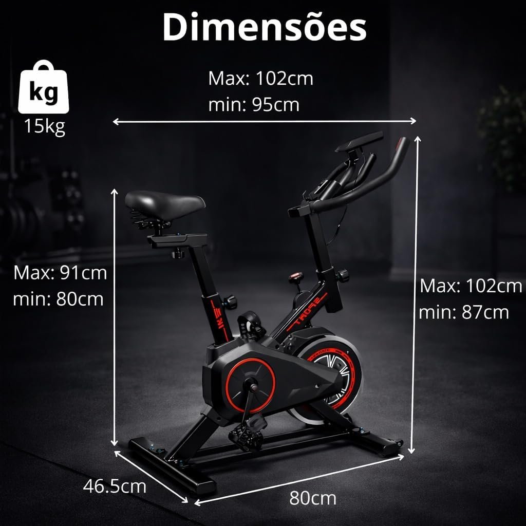 Dimensões e faixas de ajuste da Bicicleta Spinning Avelã Fit